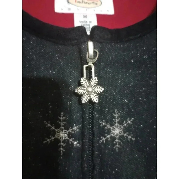 Talbots Wool Blend Red Lined Vest Black Silver Metallic Snowflakes Petite Medium - Picture 3 of 6